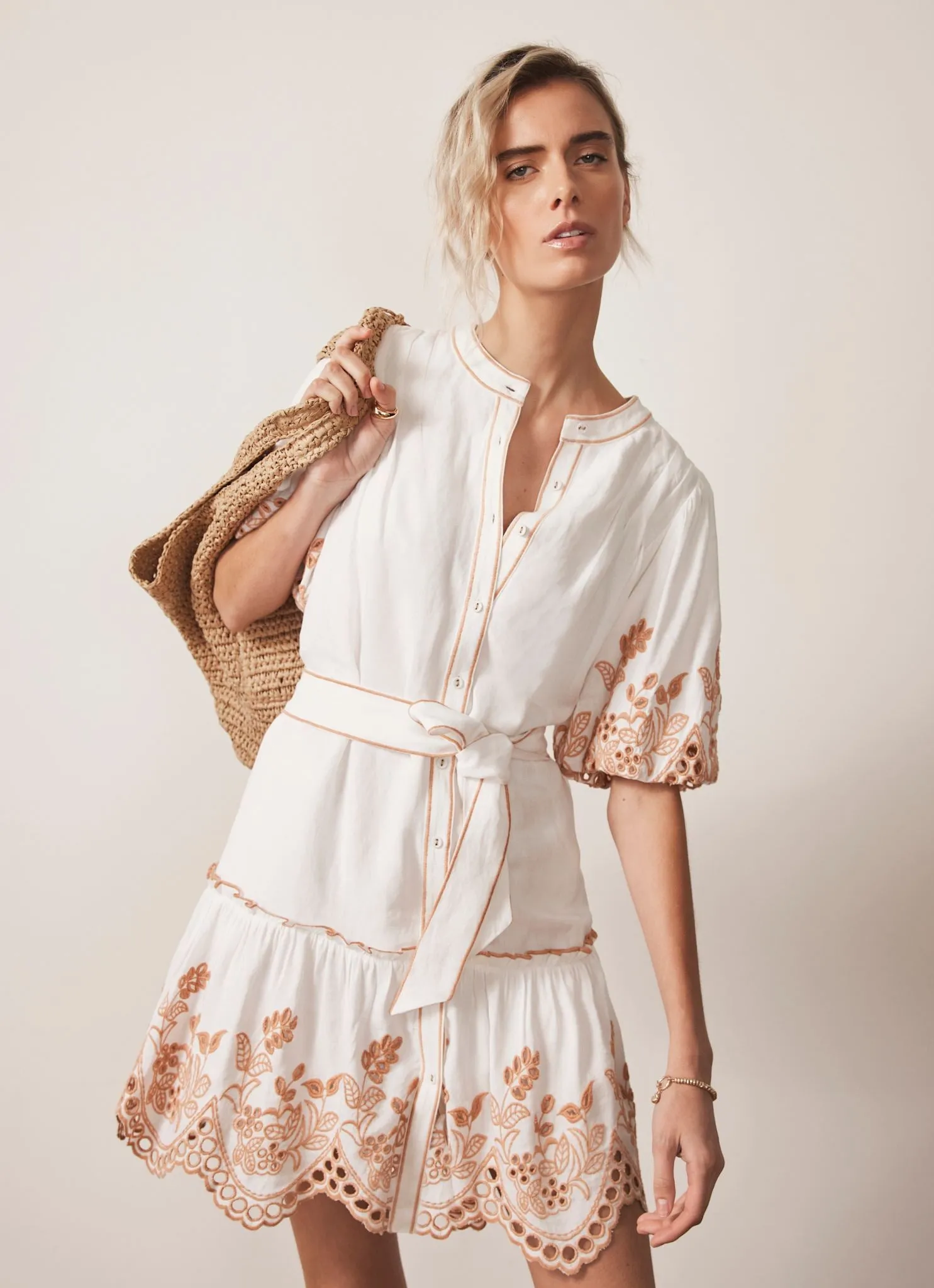 White Linen Blend Broderie Mini Dress sold by Mint Velvet
