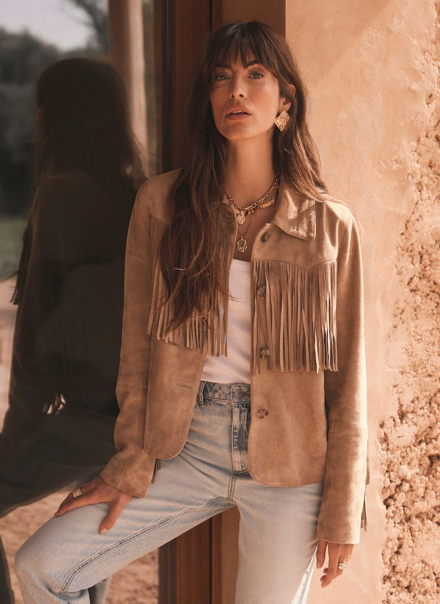 Neutral Suede Fringed Jacket sold by Mint Velvet