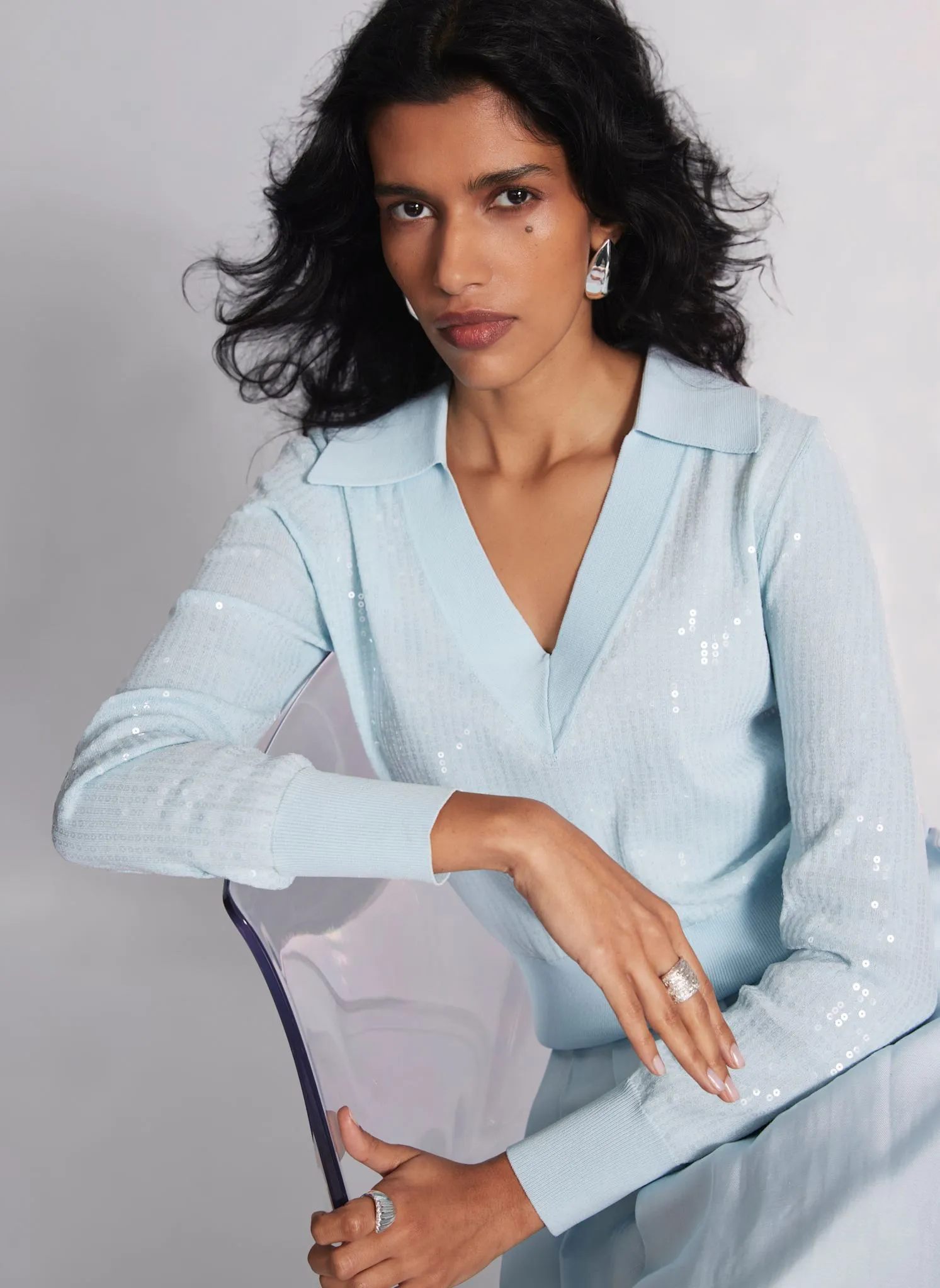 Blue Sequin Knit Polo Top sold by Mint Velvet product image thumbnail 5