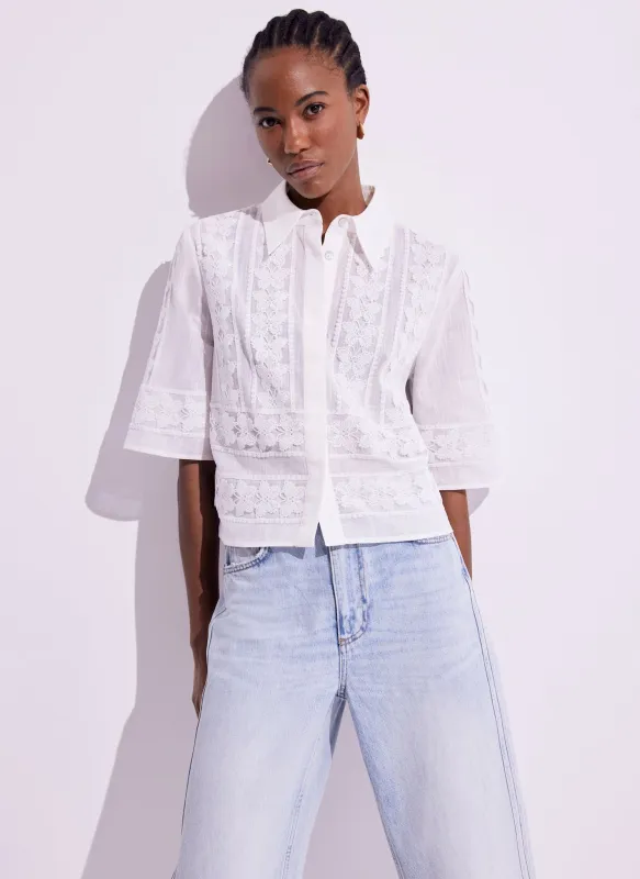 White Crochet Butterfly Trim Cropped Shirt sold by Mint Velvet