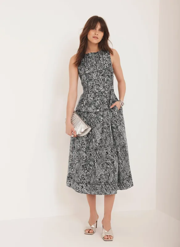 Navy Floral Print Drop Waist Midi Dress sold by Mint Velvet