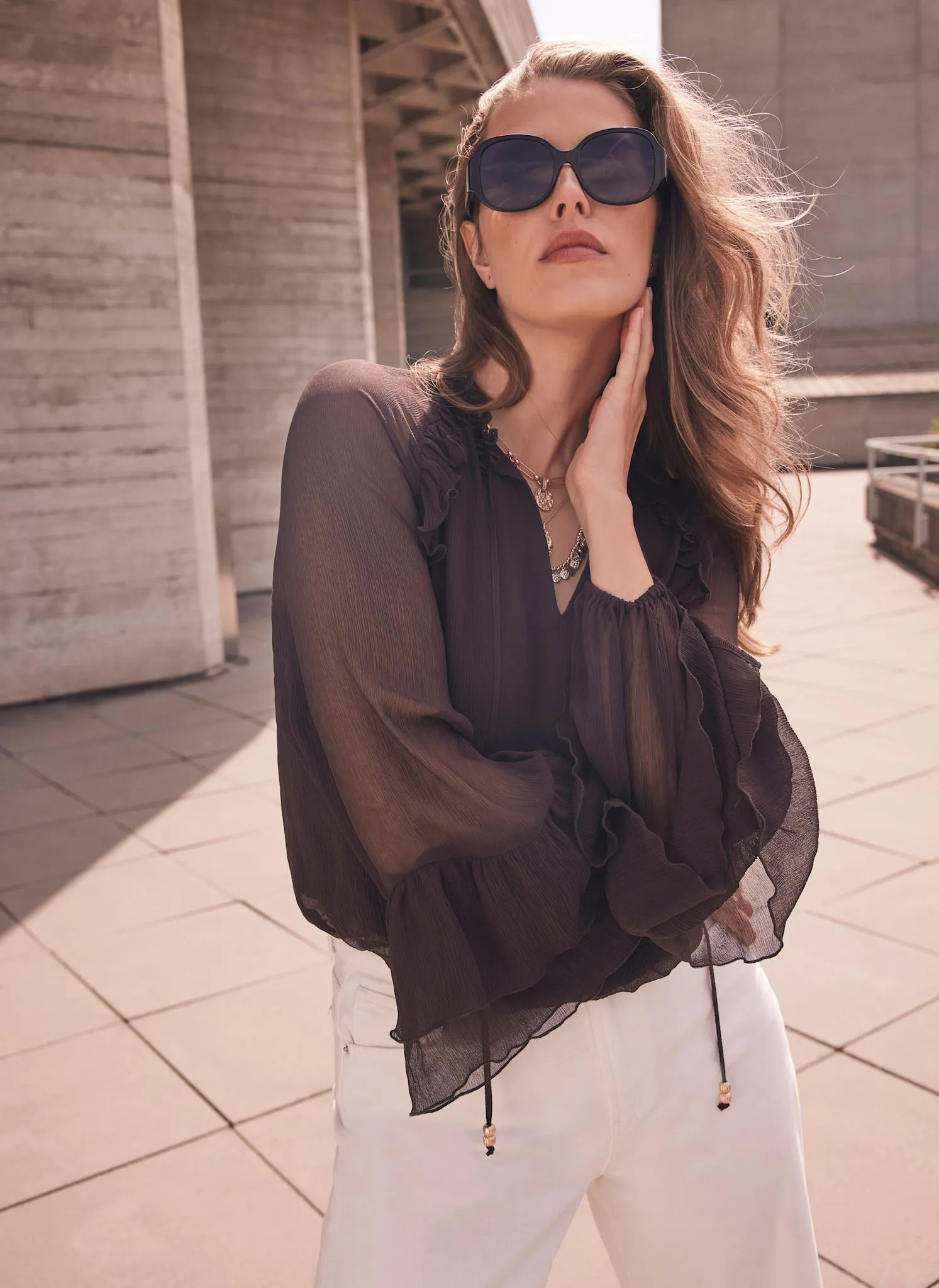 Brown Ruffle Detail Blouse sold by Mint Velvet product image thumbnail 3