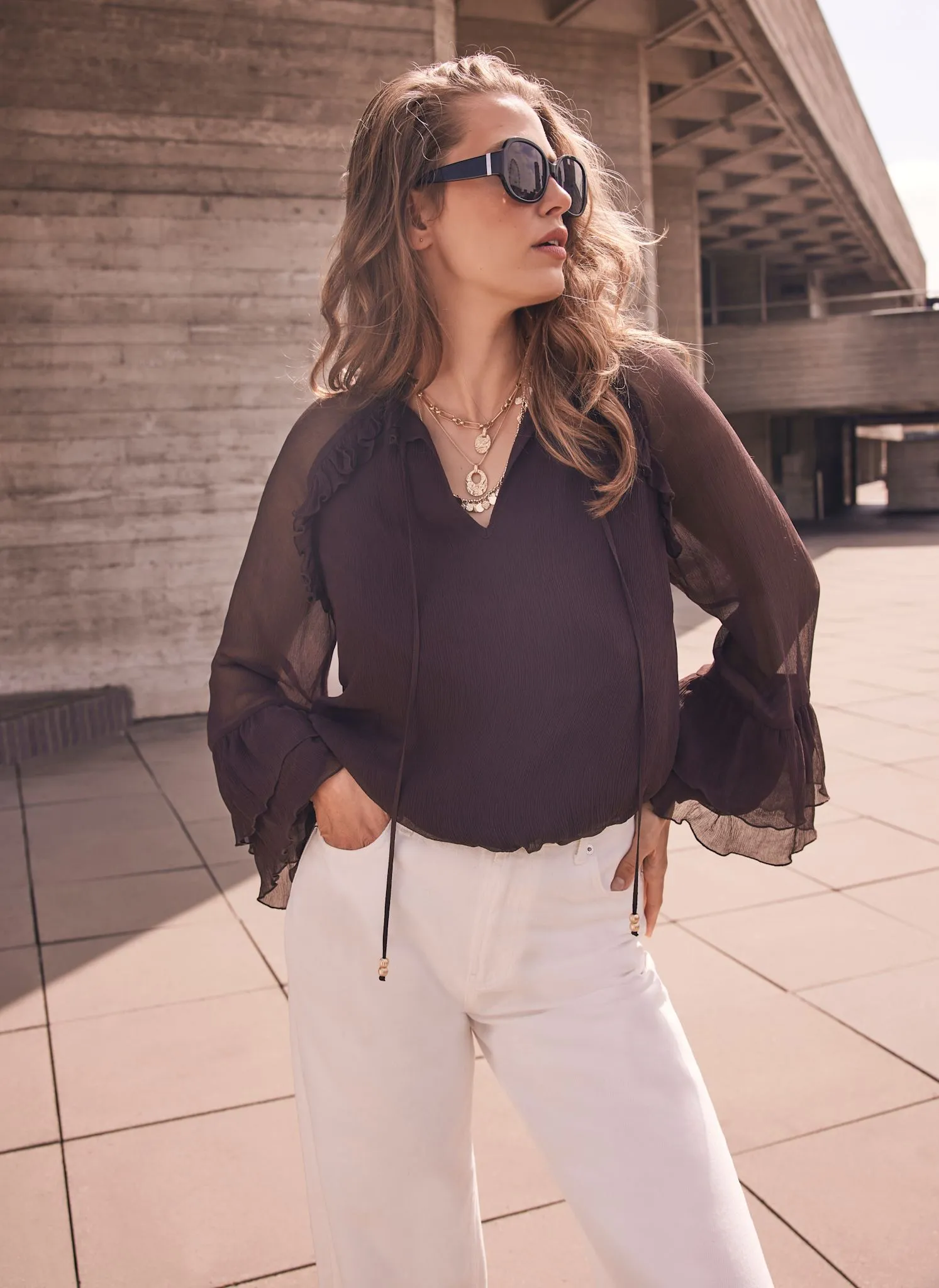 Brown Ruffle Detail Blouse sold by Mint Velvet