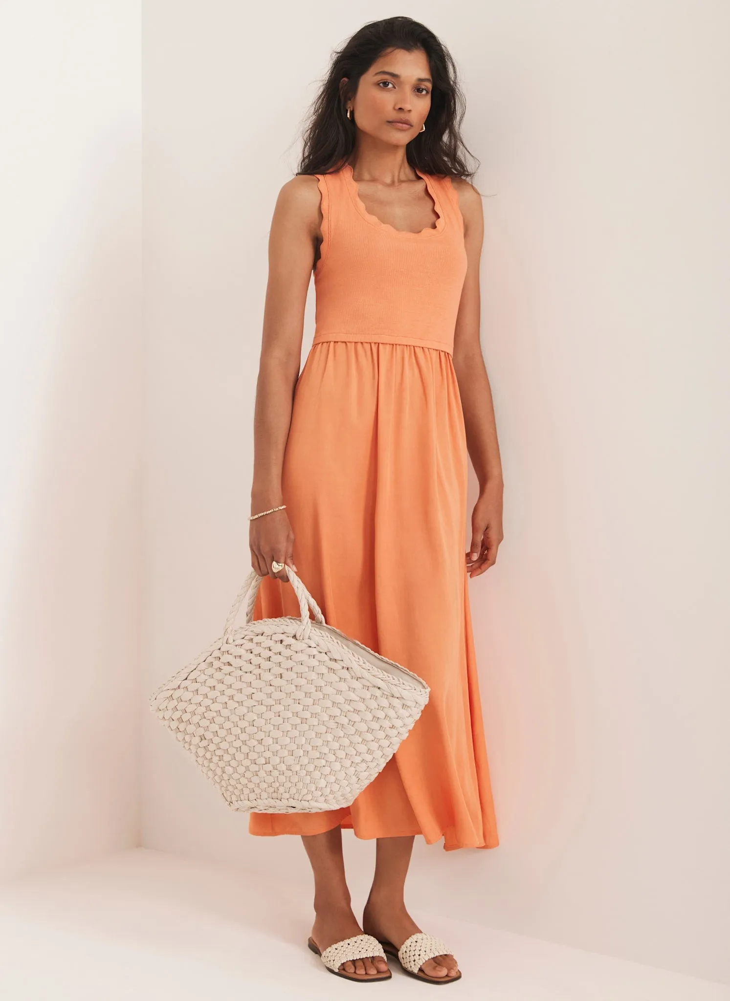 Orange Scallop Trim Midi Dress | Parallel
