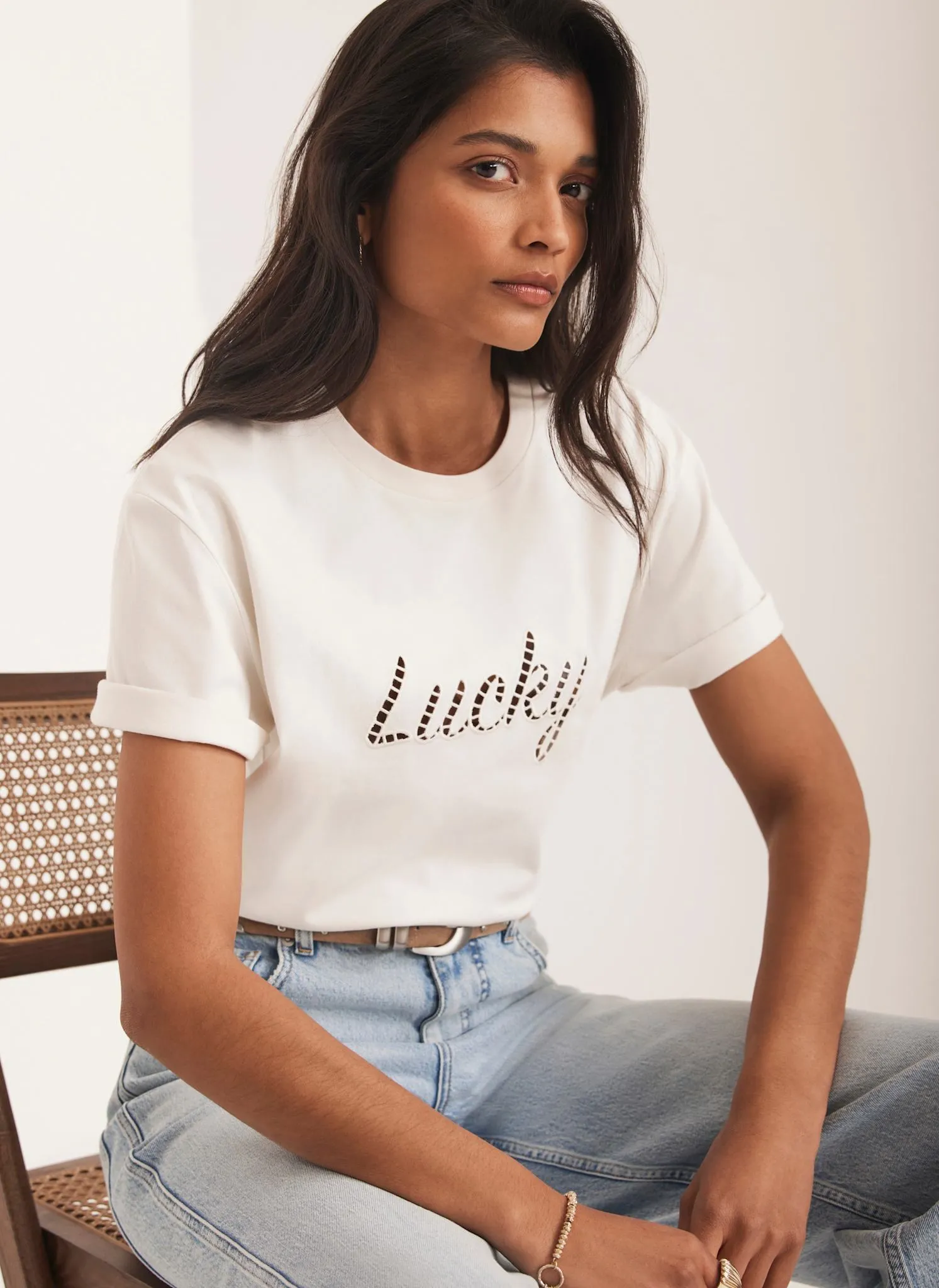 Cream Cotton Cut Out Lucky T-Shirt sold by Mint Velvet product image thumbnail 2