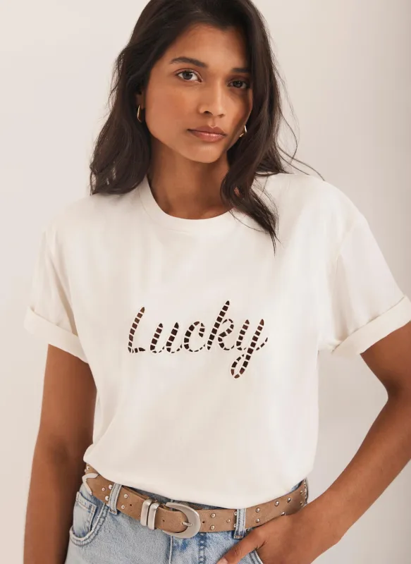 Cream Cotton Cut Out Lucky T-Shirt sold by Mint Velvet