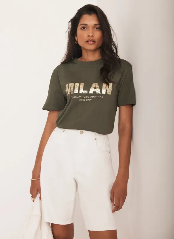 Khaki Foil Milan Graphic T-Shirt sold by Mint Velvet