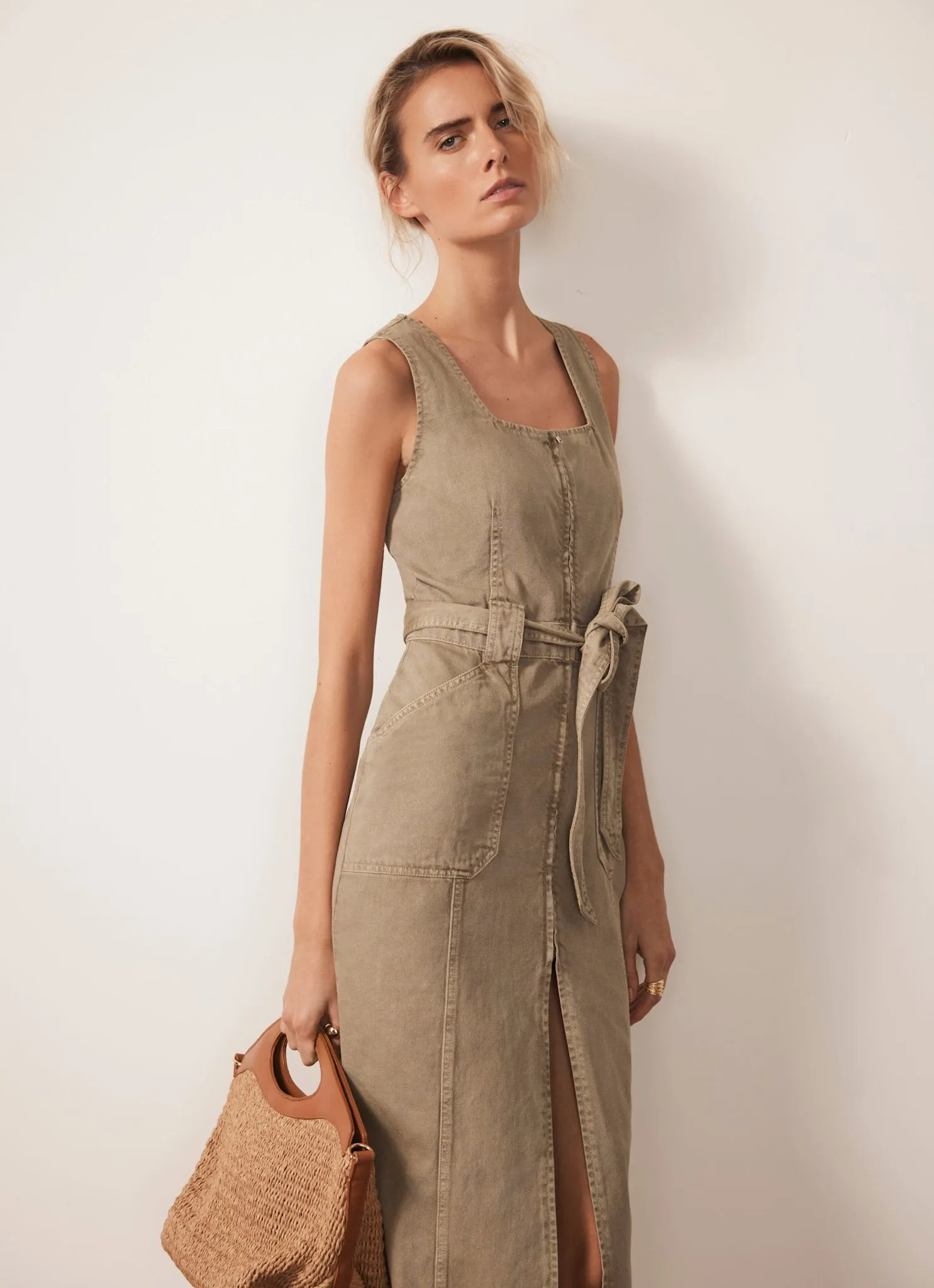 Khaki Denim Belted Midi Dress sold by Mint Velvet product image thumbnail 2