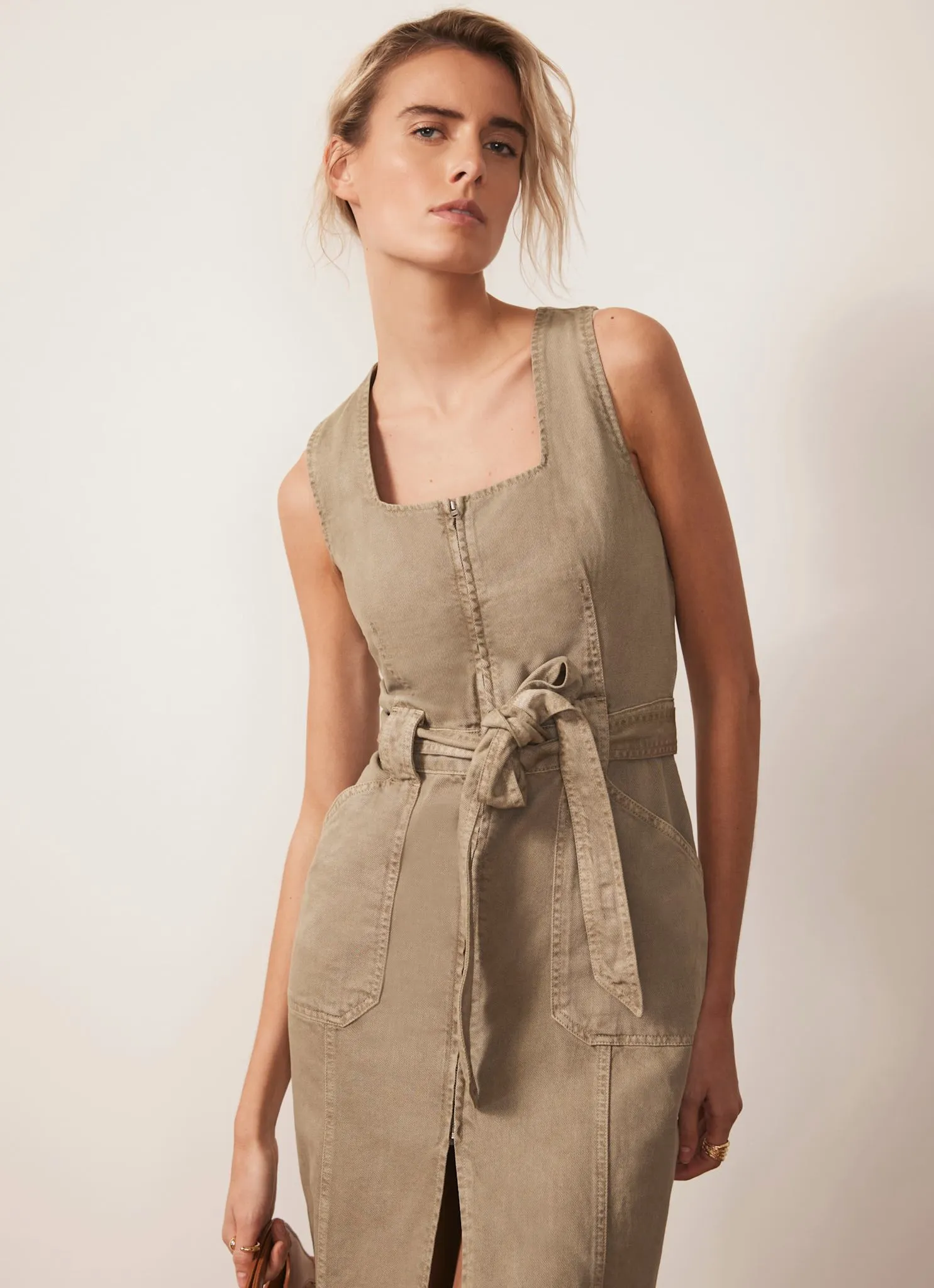 Khaki Denim Belted Midi Dress sold by Mint Velvet product image thumbnail 3