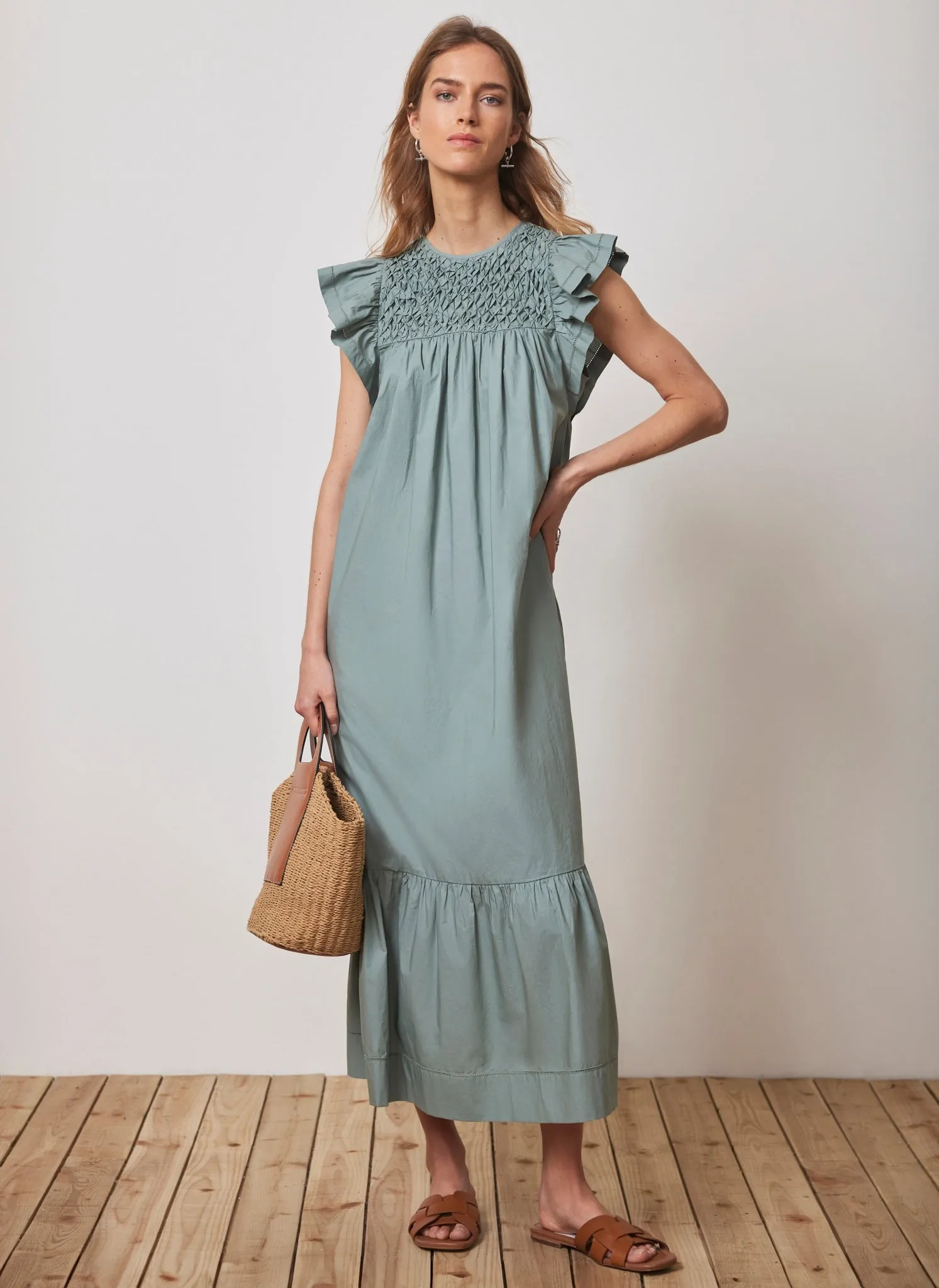 Blue Cotton Smocked Maxi Dress sold by Mint Velvet