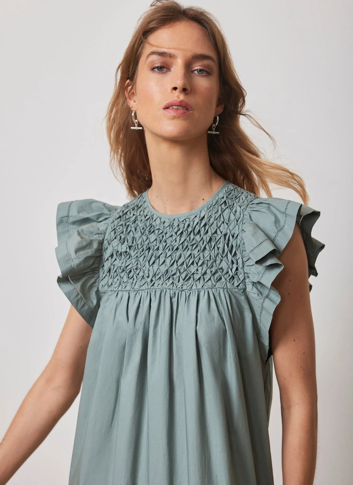 Blue Cotton Smocked Maxi Dress sold by Mint Velvet product image thumbnail 4