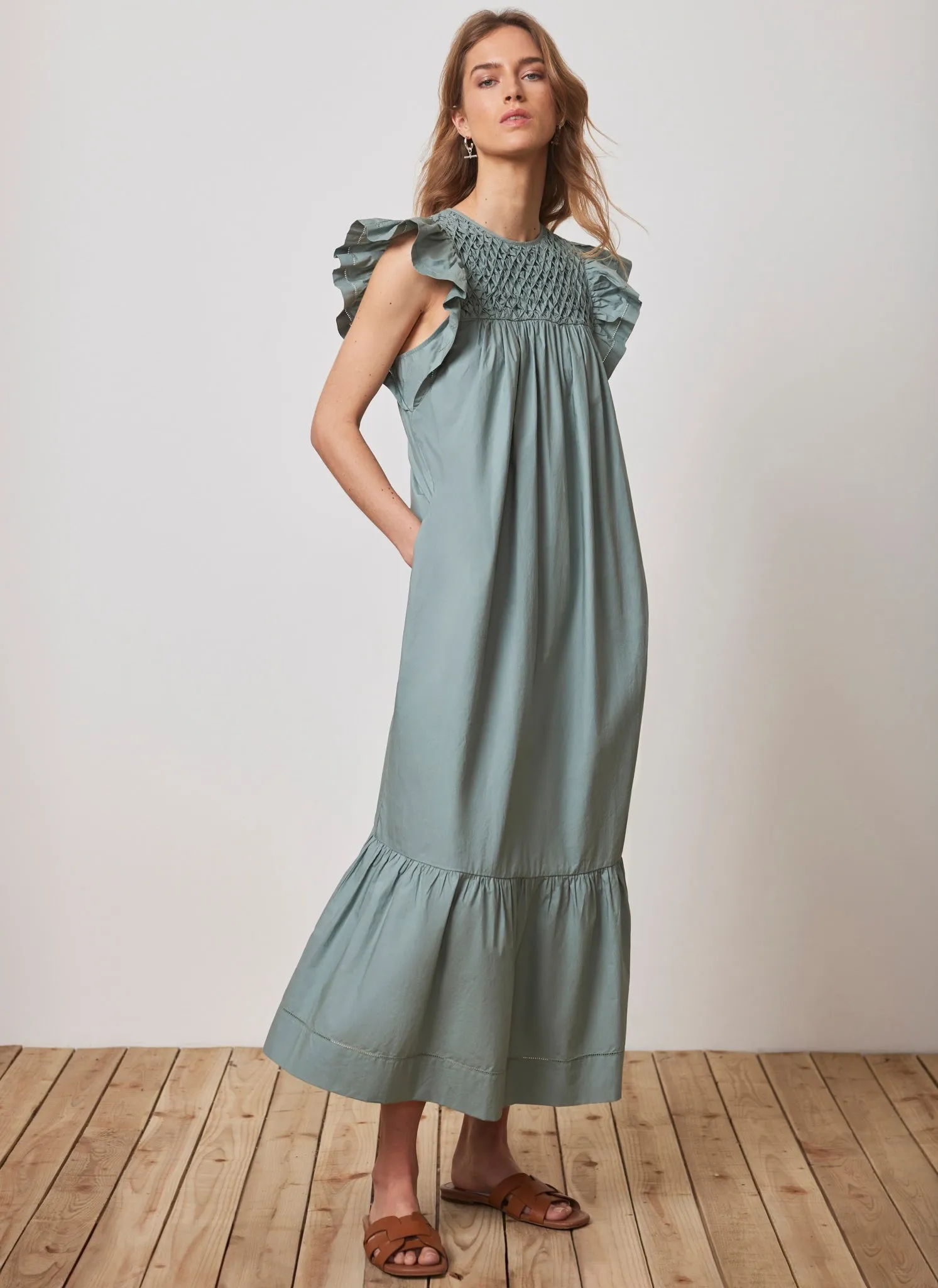 Blue Cotton Smocked Maxi Dress sold by Mint Velvet product image thumbnail 3