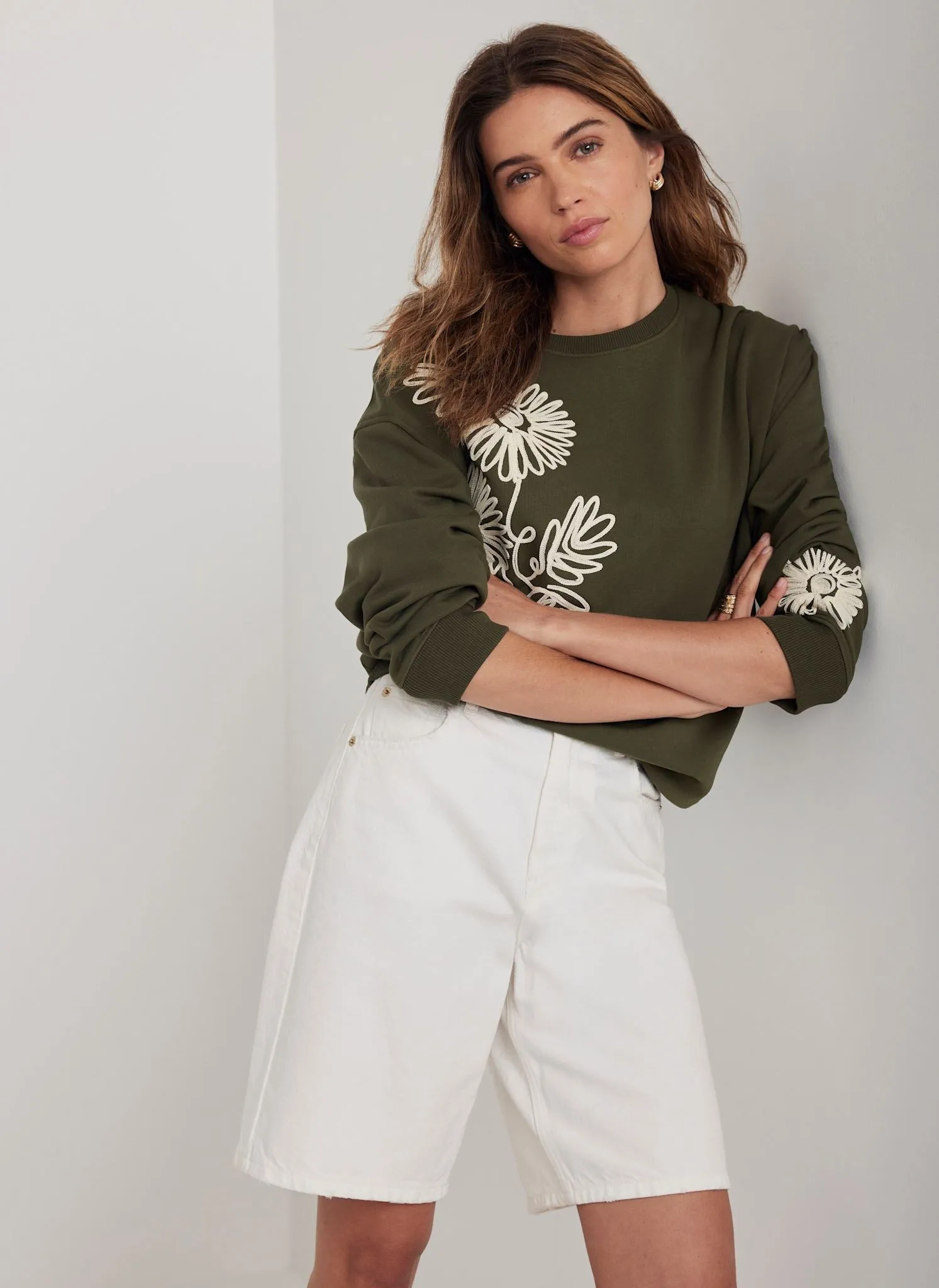 Khaki Cotton Blend Flower Sweatshirt sold by Mint Velvet product image thumbnail 3