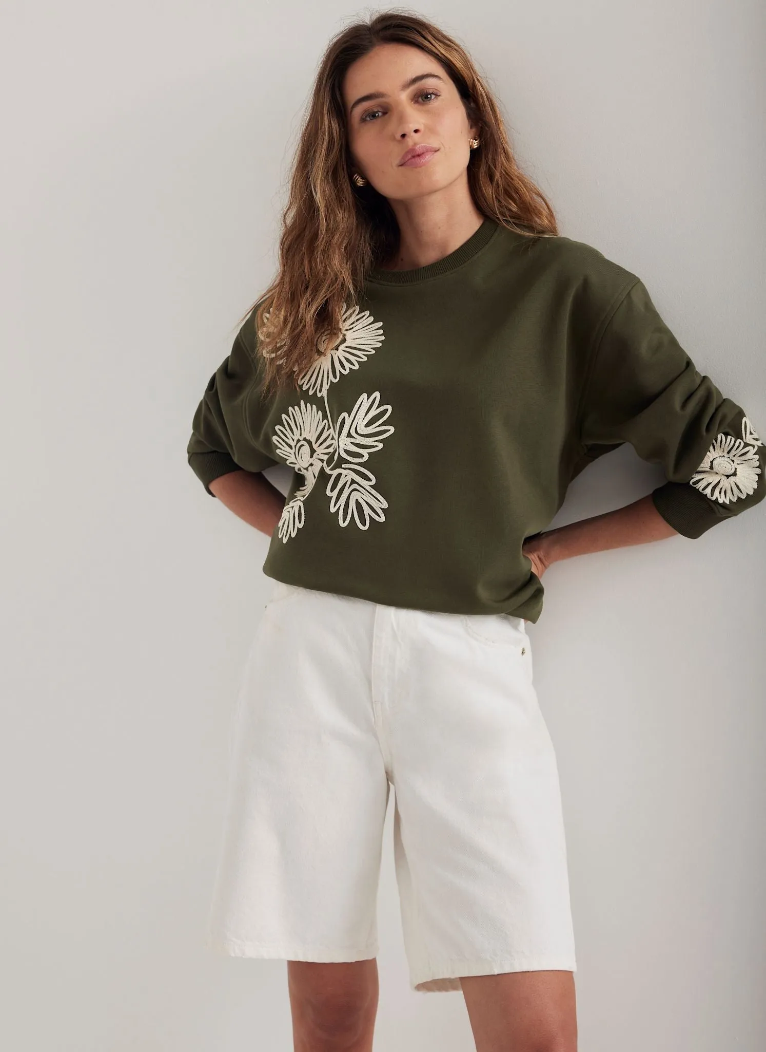 Khaki Cotton Blend Flower Sweatshirt sold by Mint Velvet