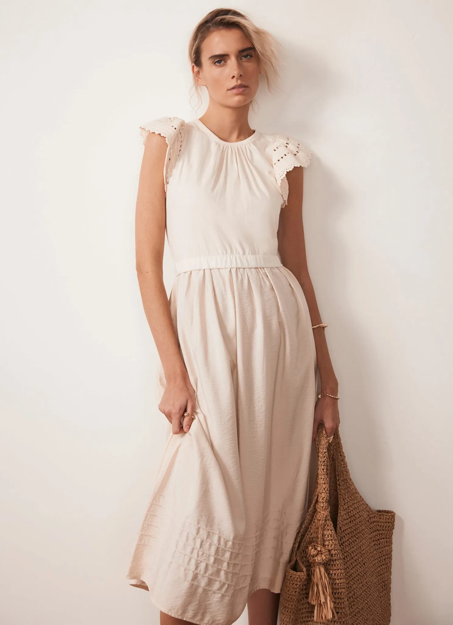 Neutral Crochet Trim Woven Jersey Midi Dress sold by Mint Velvet