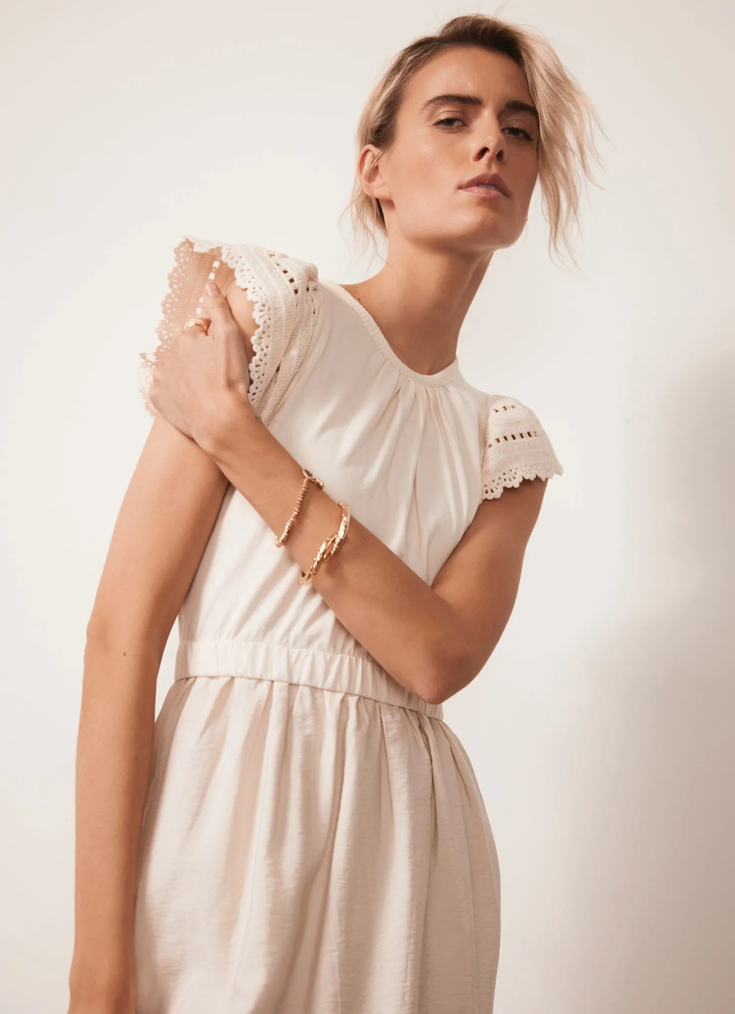 Neutral Crochet Trim Woven Jersey Midi Dress sold by Mint Velvet product image thumbnail 4