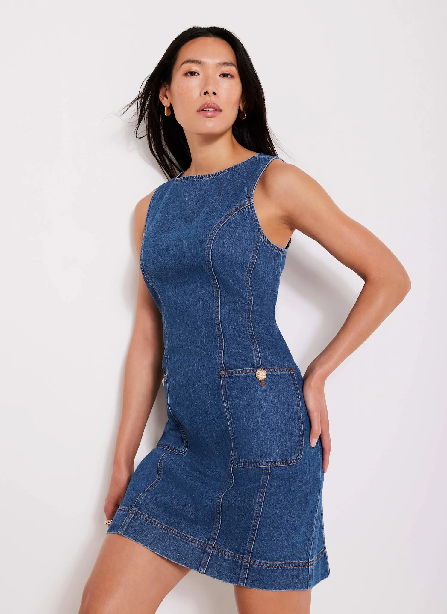 Dark Indigo Denim Shift Mini Dress sold by Mint Velvet product image thumbnail 3
