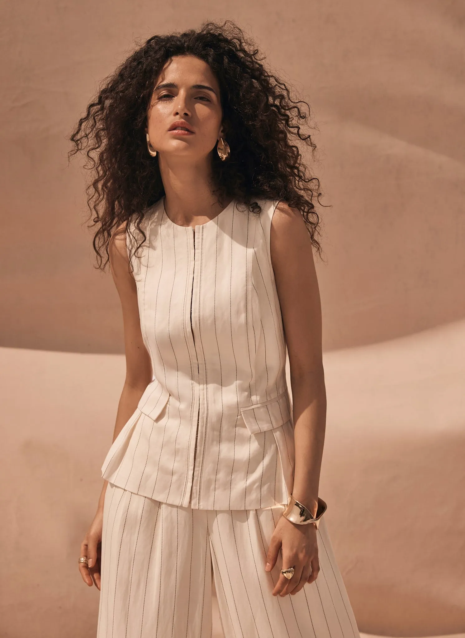 Cream Pinstripe Tie Back Waistcoat sold by Mint Velvet