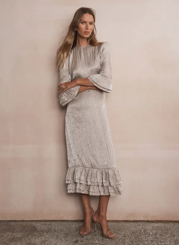 Neutral Crinkle Metallic Midi Dress sold by Mint Velvet