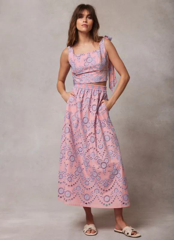 Pink Broderie Cotton Midi Skirt sold by Mint Velvet