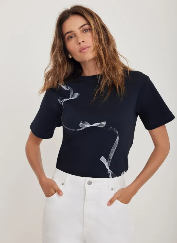 Navy Cotton Graphic Ribbon T-Shirt sold by Mint Velvet