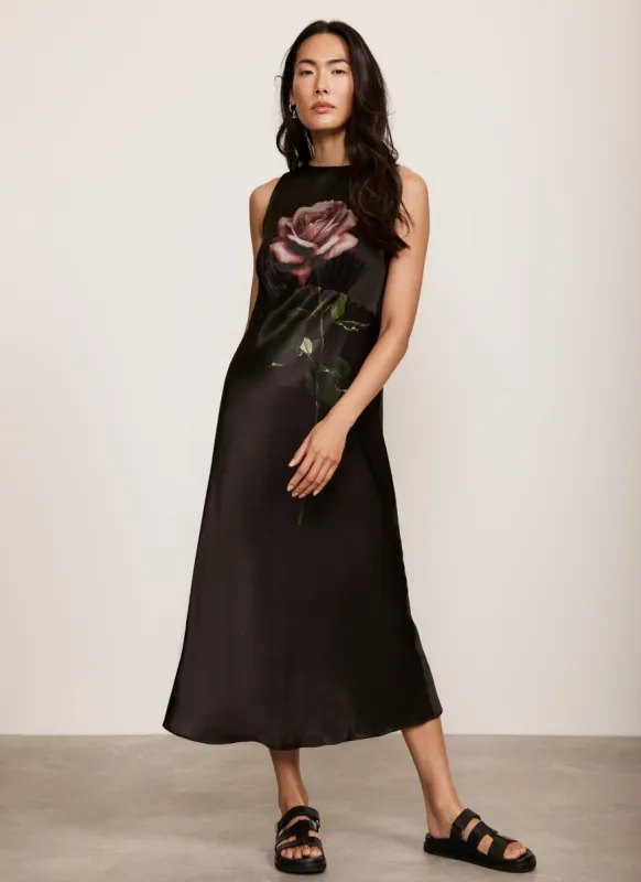 Black Satin Floral Print Midi Dress sold by Mint Velvet