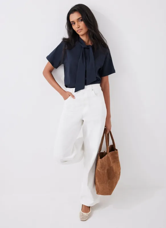 Navy Cotton Tie Neck Top sold by Mint Velvet