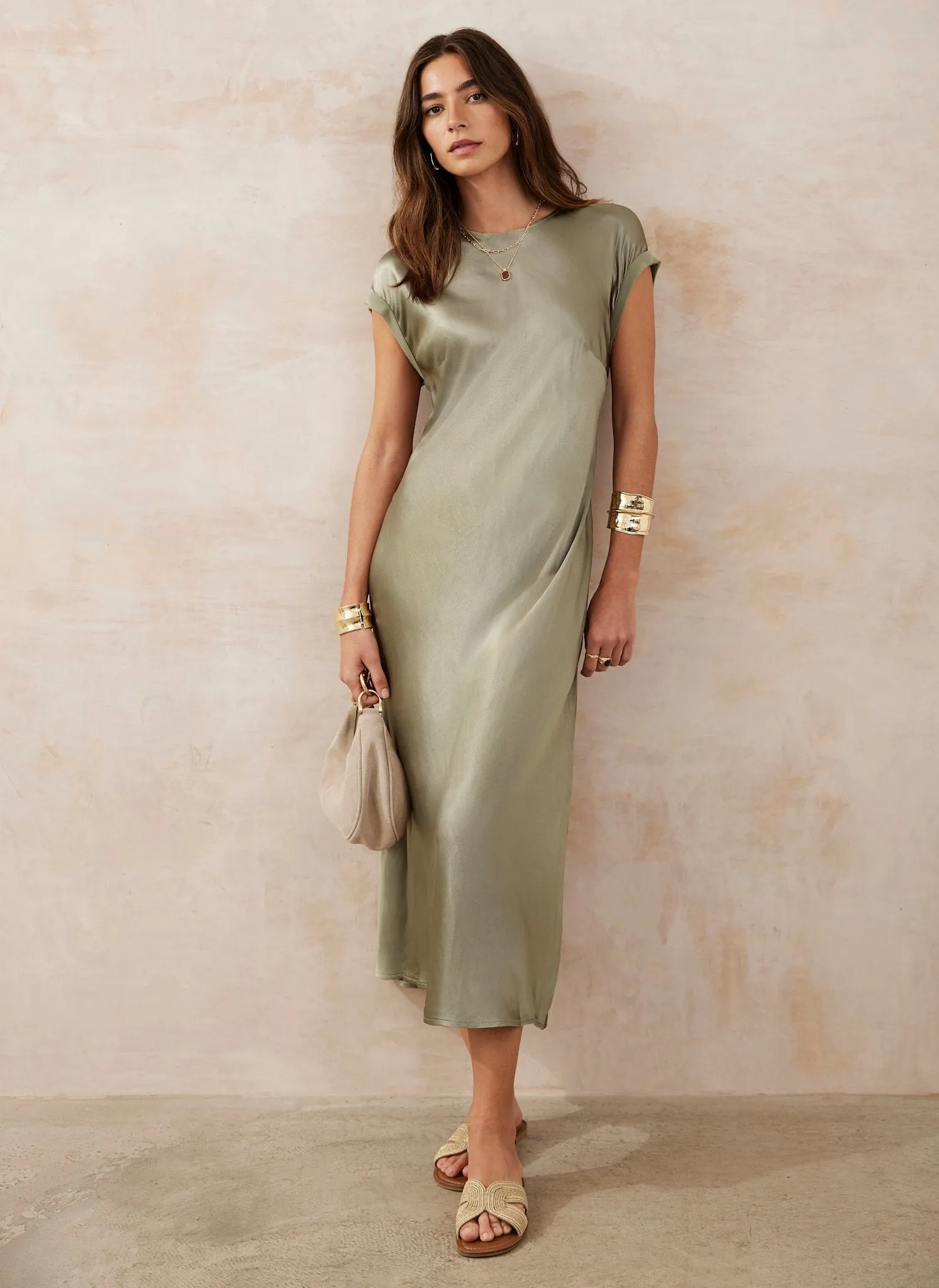 Khaki Satin Midi Dress sold by Mint Velvet