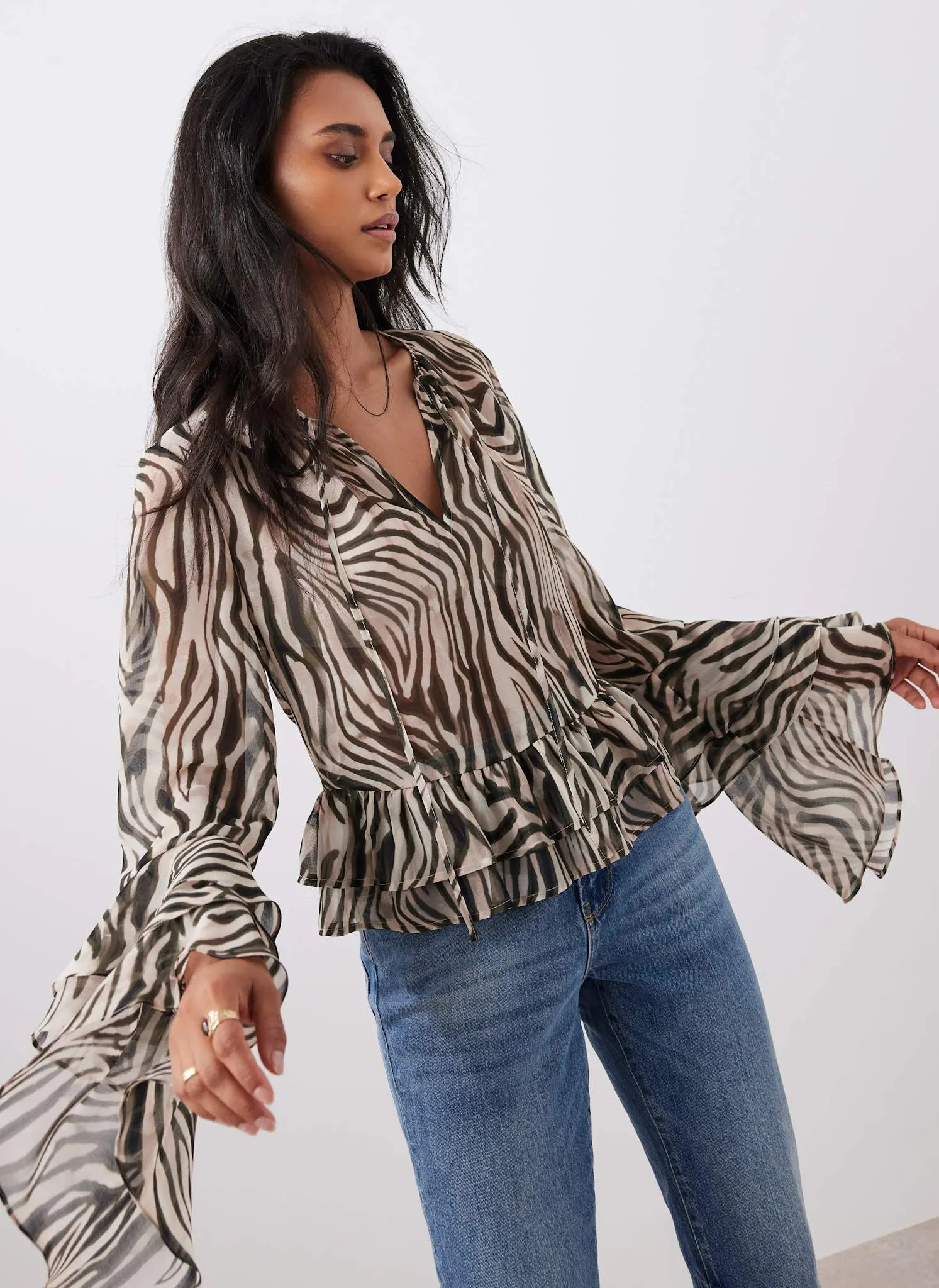 Black Zebra Print Ruffle Top sold by Mint Velvet