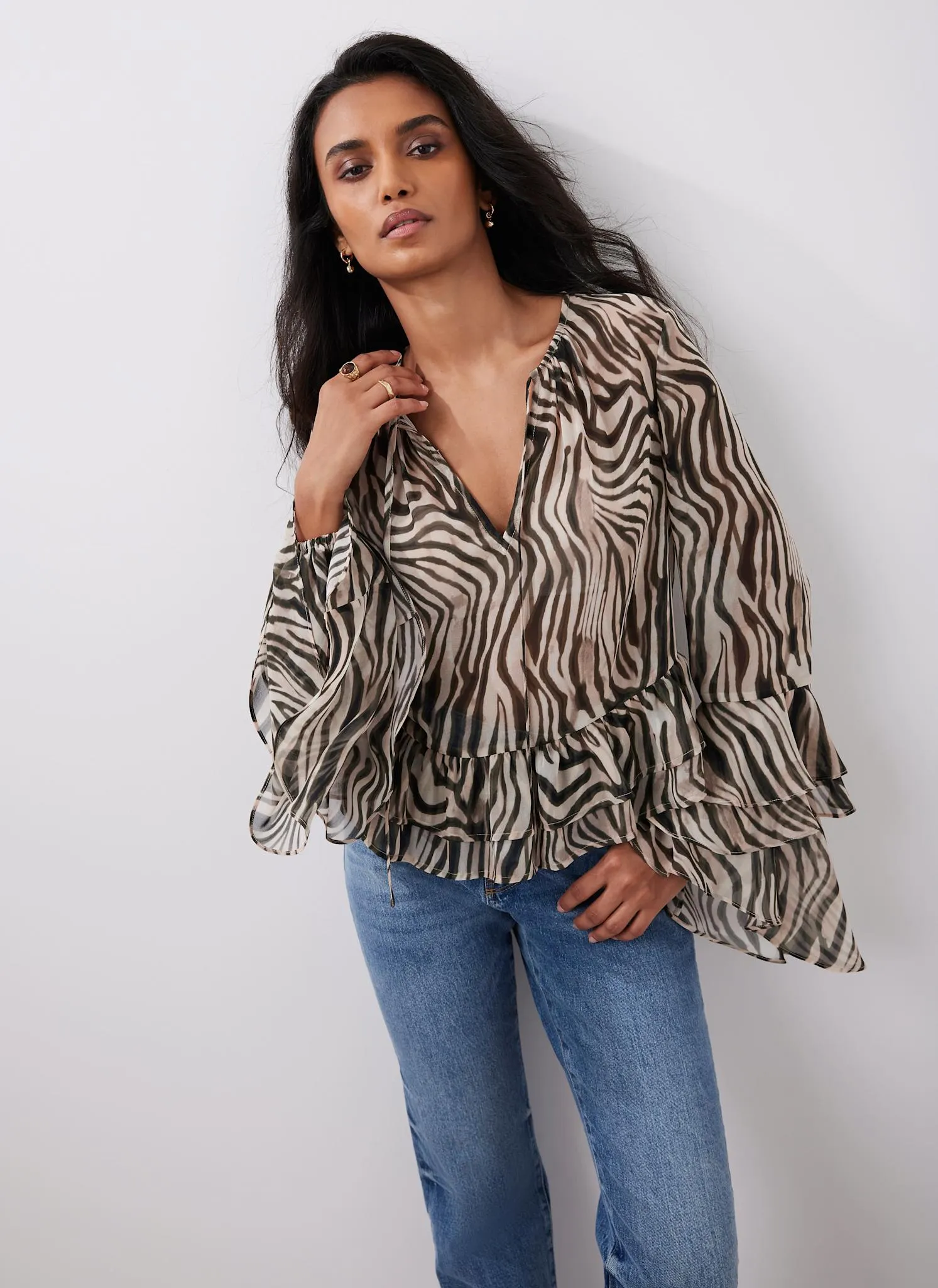 Black Zebra Print Ruffle Top sold by Mint Velvet product image thumbnail 2