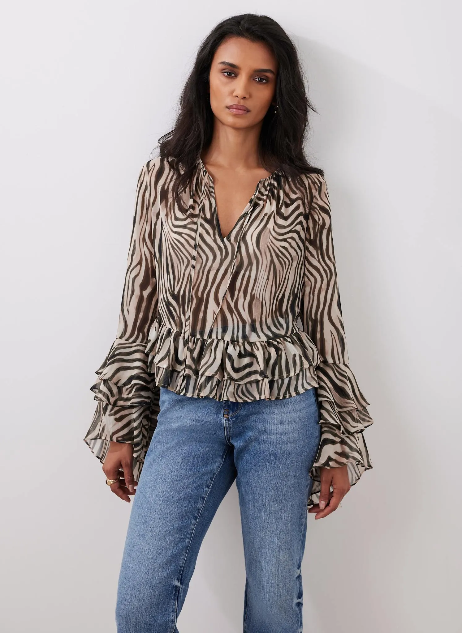 Black Zebra Print Ruffle Top sold by Mint Velvet product image thumbnail 3