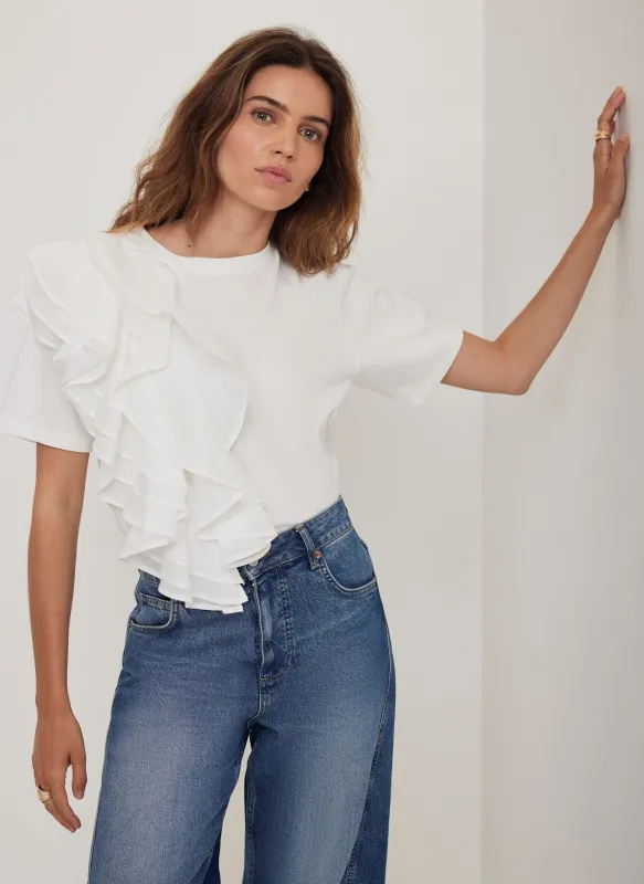 White Cotton Frill T-Shirt sold by Mint Velvet