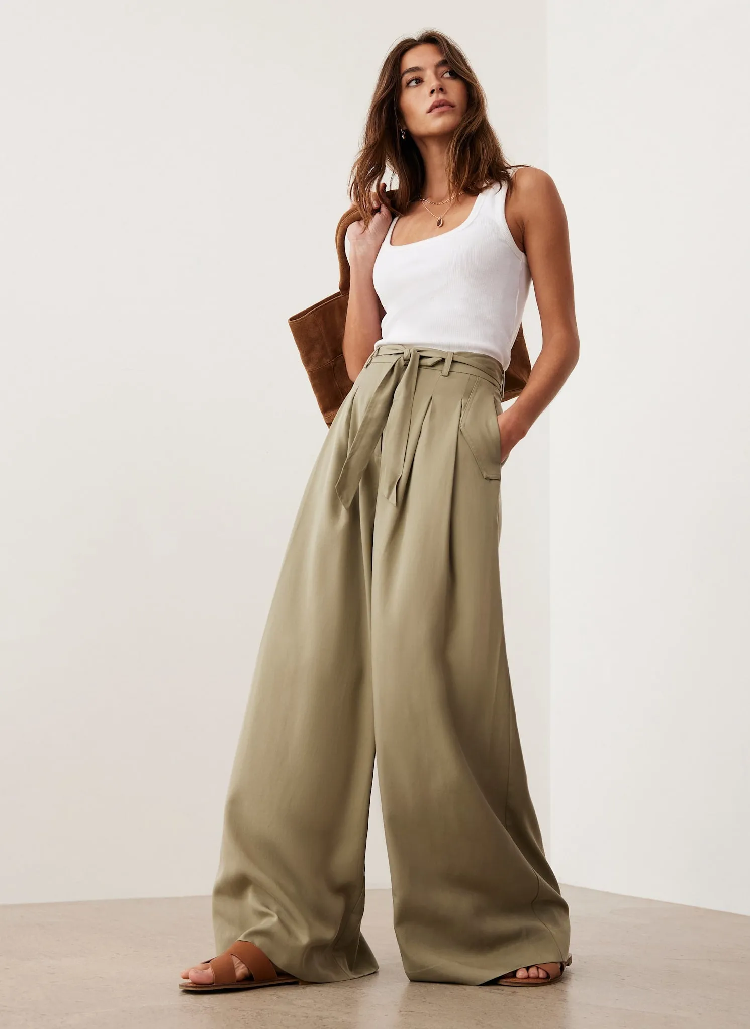 Khaki Belted Wide Leg Trousers sold by Mint Velvet