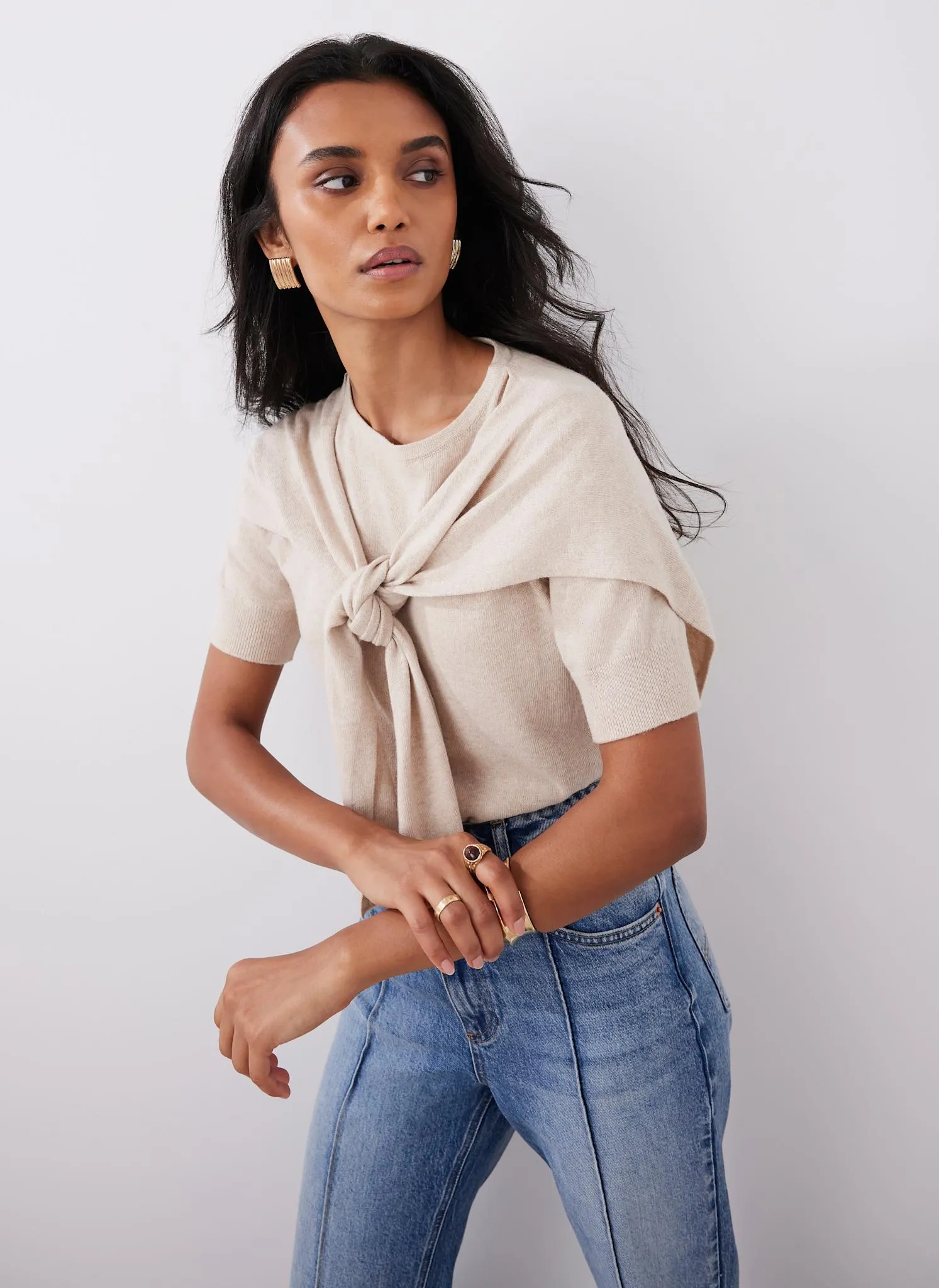 Neutral Cotton Blend Scarf Detail Knit Top sold by Mint Velvet product image thumbnail 2