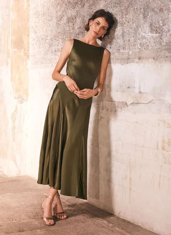 Green Panelled Satin Maxi Dress sold by Mint Velvet