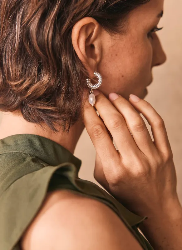 Silver Tone Pave Hoop Pearl Earrings sold by Mint Velvet