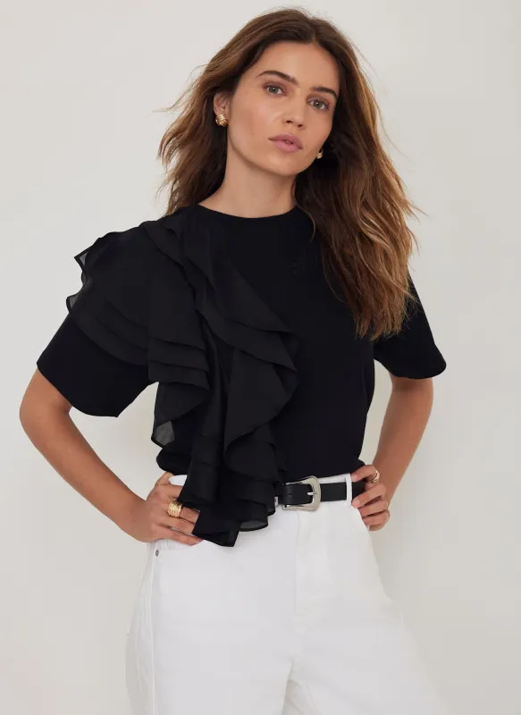 Black Cotton Frill T-Shirt sold by Mint Velvet