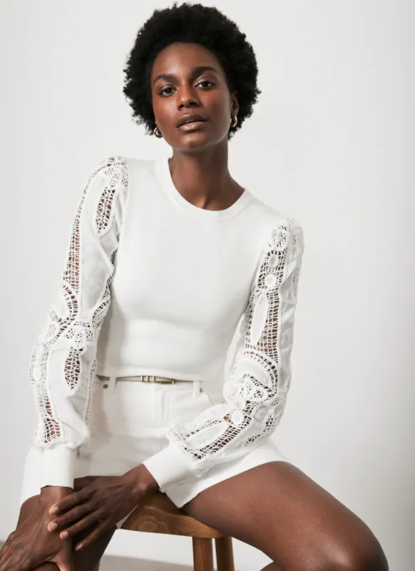 White Cotton Blend Lace Sleeve Jumper sold by Mint Velvet