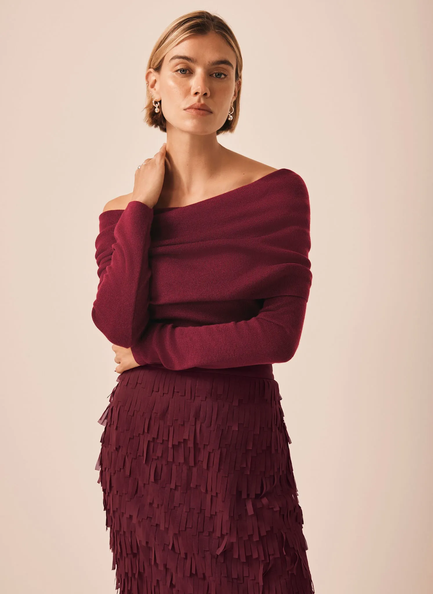 Burgundy Ribbed Bardot Top sold by Mint Velvet