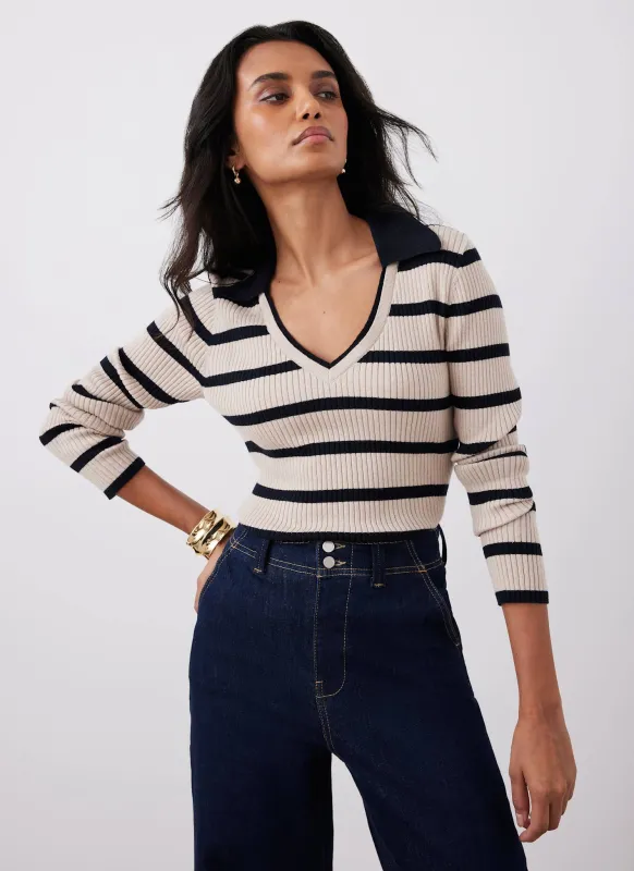 Cream Cotton Blend Striped Ribbed Top sold by Mint Velvet
