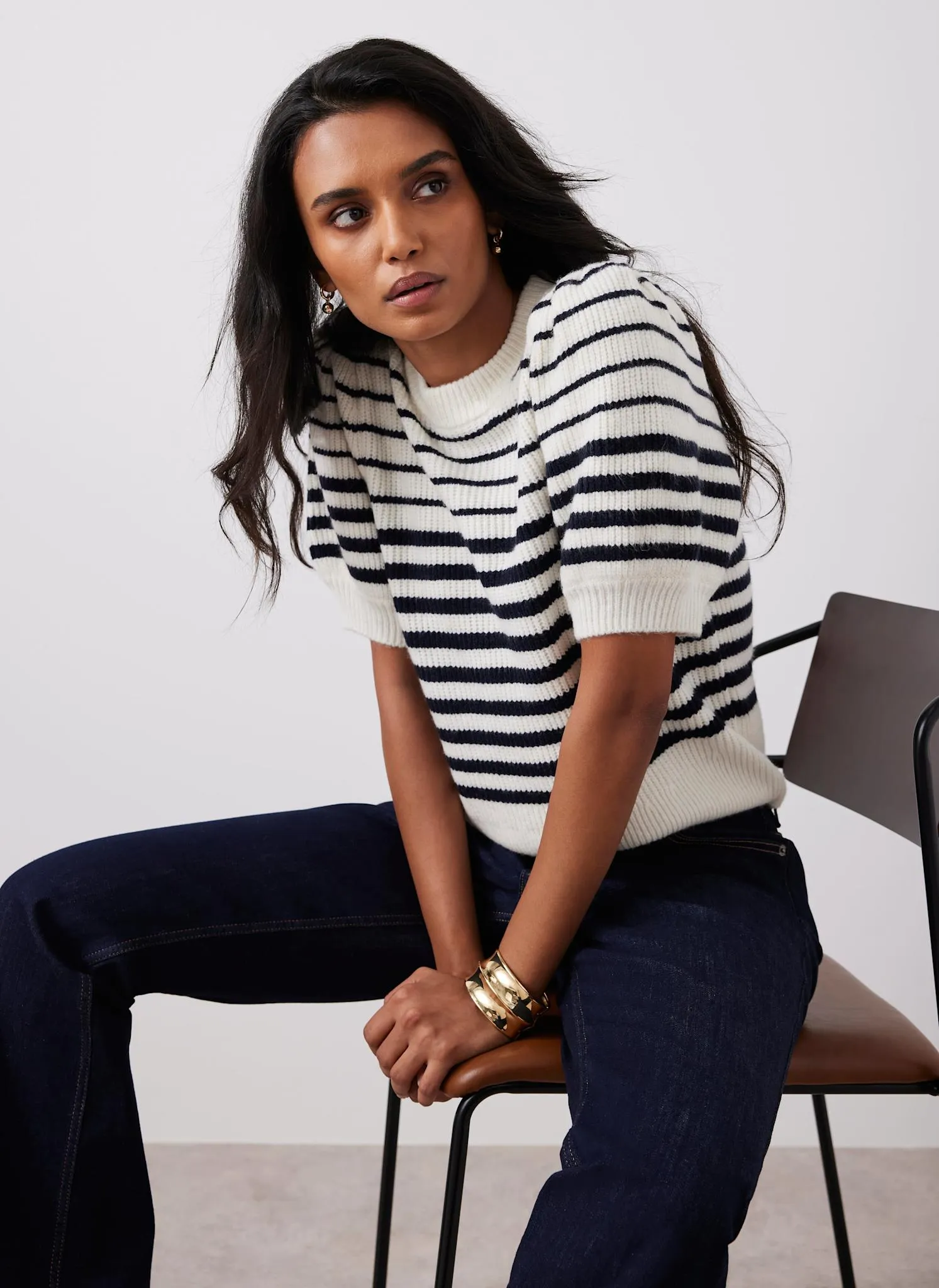 Navy Striped Puff Sleeve Knit Top sold by Mint Velvet product image thumbnail 3