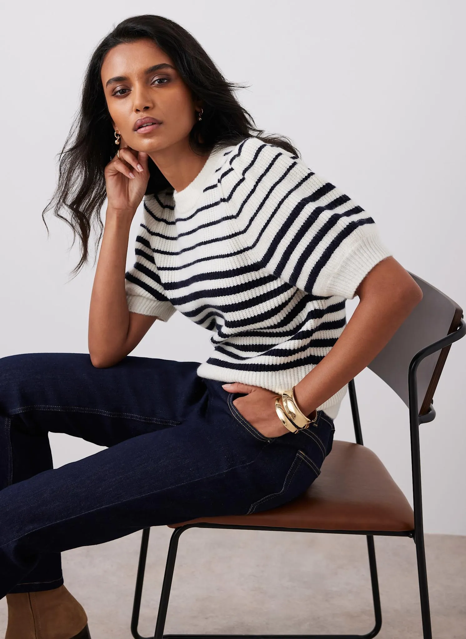 Navy Striped Puff Sleeve Knit Top sold by Mint Velvet