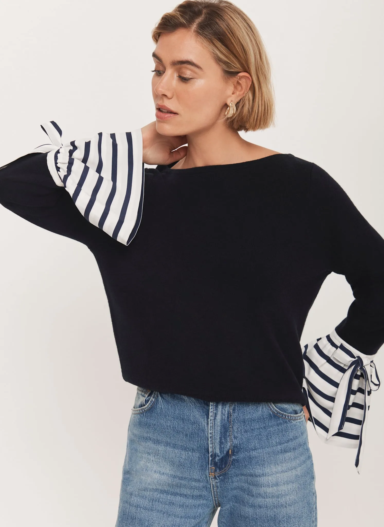 Navy Cotton Blend Striped Cuff Knit Jumper sold by Mint Velvet