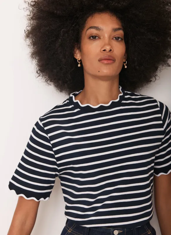Navy Stripe Scallop Trim T-Shirt sold by Mint Velvet
