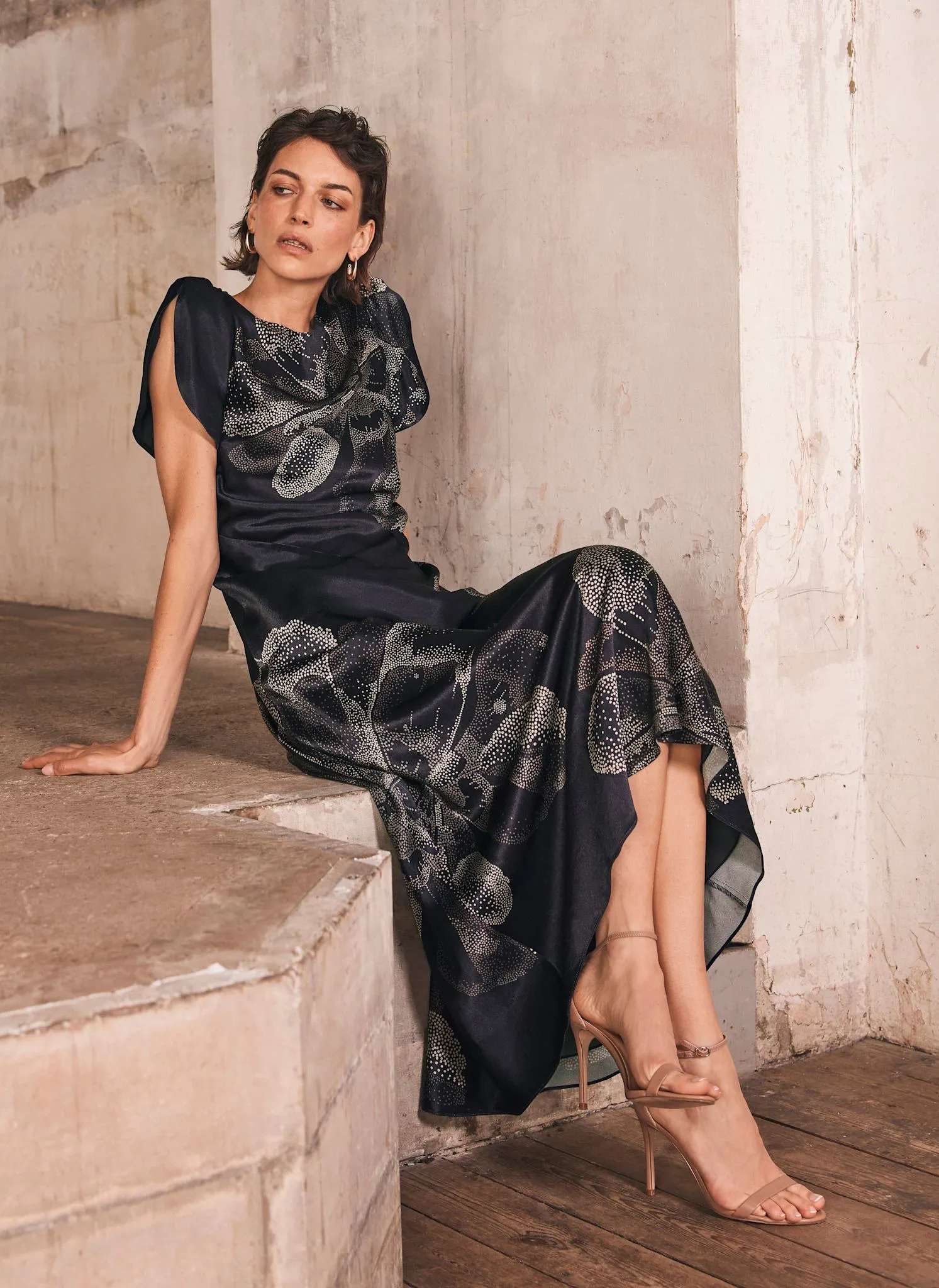 Navy Floral Print Satin Midi Dress sold by Mint Velvet