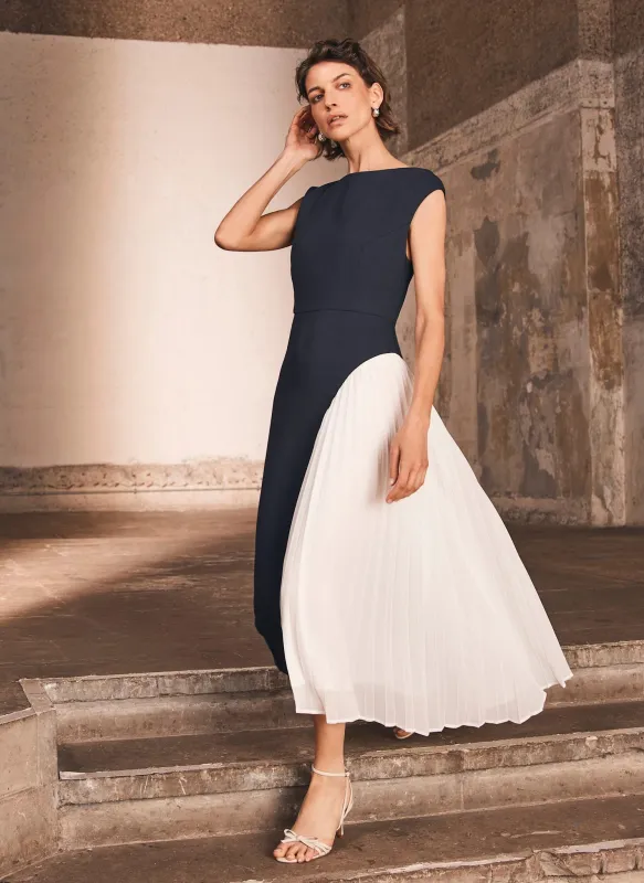 Navy Contrast Pleat Maxi Dress sold by Mint Velvet