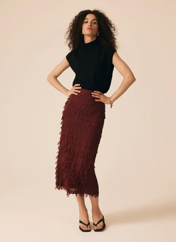 Burgundy Fringed Midi Skirt sold by Mint Velvet
