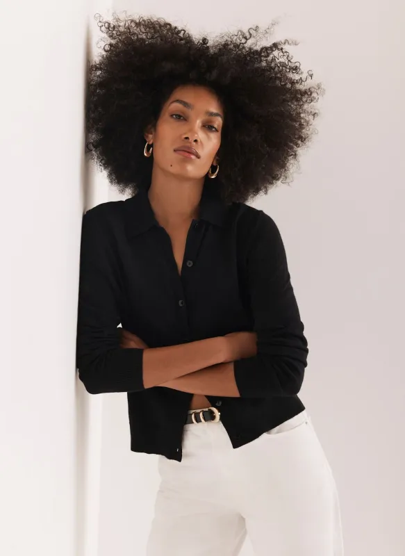 Black Cotton Blend Button Collar Cardigan sold by Mint Velvet