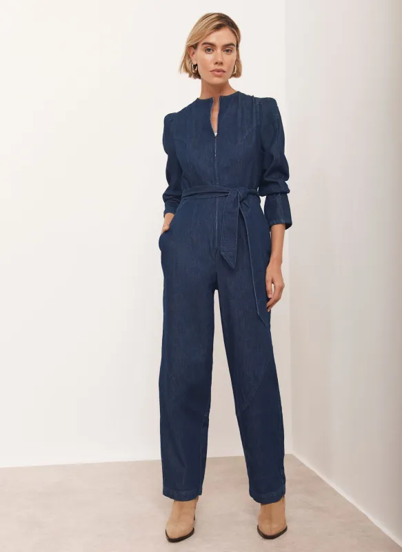 Navy Puff Sleeve Denim Jumpsuit sold by Mint Velvet