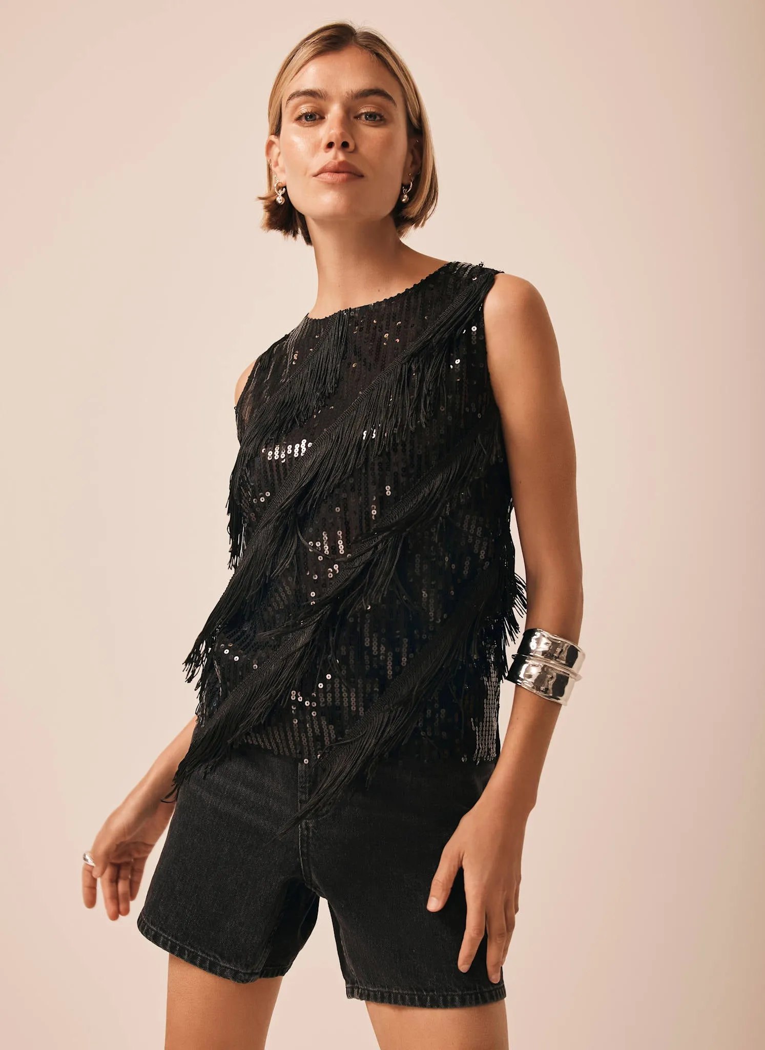Black Sequin Tassel Top sold by Mint Velvet